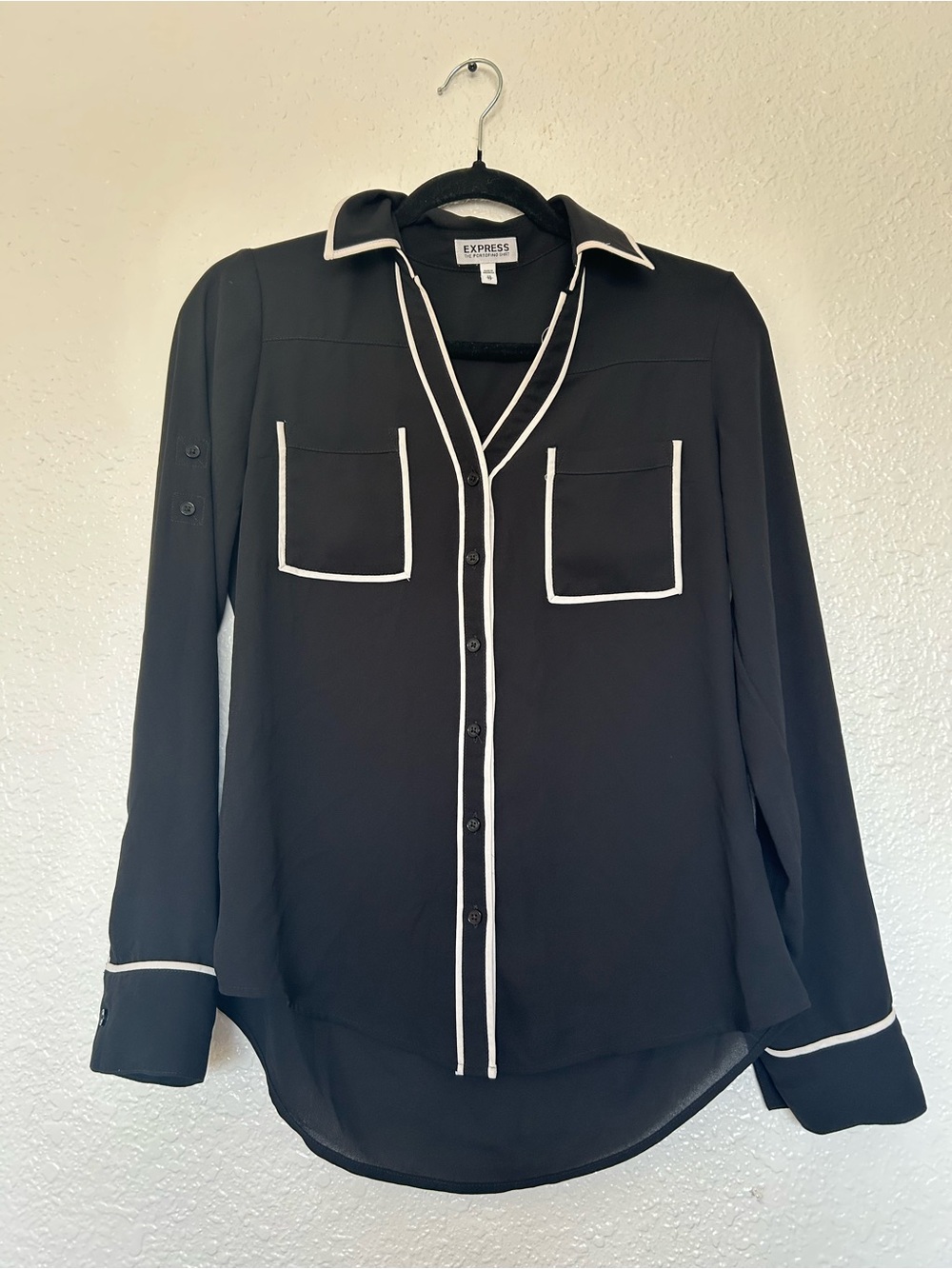 Express Black Blouse with White Piping Trim